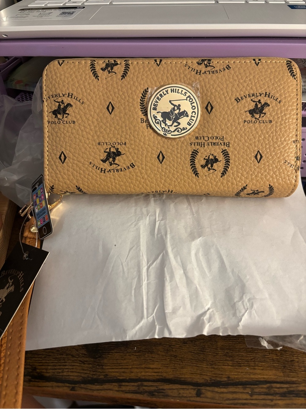 Beverly Hills Polo Club Tan Logo Zip Wallet with Gold Accent